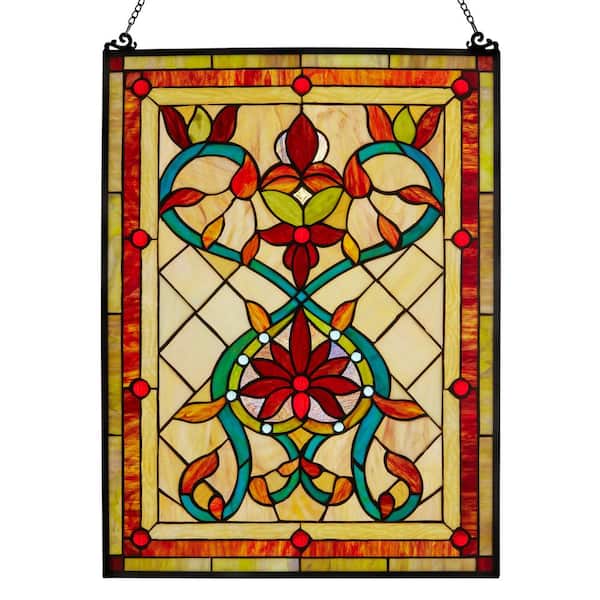 River of Goods Multi Stained Glass Fiery Hearts and Flowers Window Panel