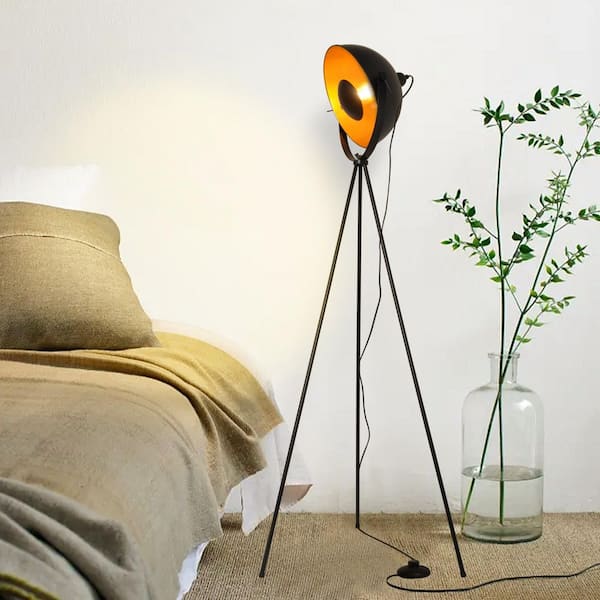 Zompoo Modern 61 in. 1-Light Black LED Satellite Tripod Floor Lamp for Living Room with Inner Gold Metal Shade, Foot Switch