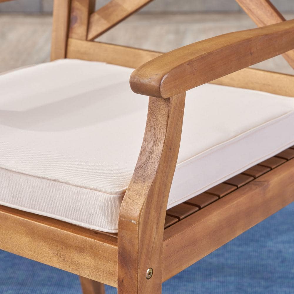 Teak Brown Wooden Dining Arm Chair with Cream Cushions