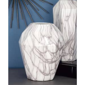 12 in. White Faux Marble Ceramic Decorative Vase