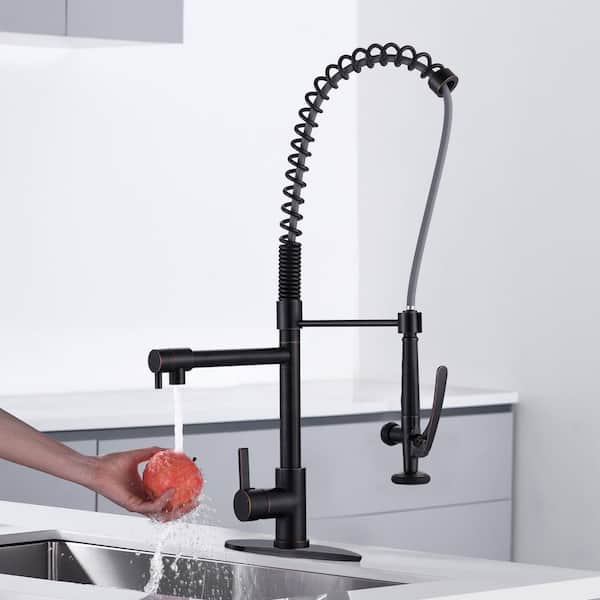 Commercial 28.7 in. H Double Handle 360° Spout Swivel Pull Down Sprayer Kitchen Faucet with Pre-Rinse Sprayer in Bronze
