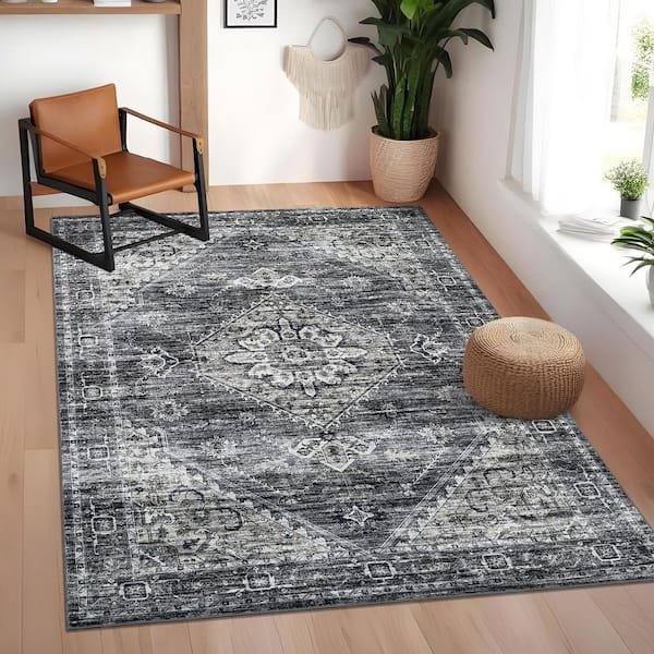 Vintage Printed Rug Distressed Floral Carpet Soft Non-slip Thin Carpet for Living Room Farmhouse Dark Gray，9X12ft