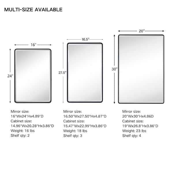 TEHOME 16.5-in x 27.5-in Surface Mount Matt Black Mirrored Medicine Cabinet