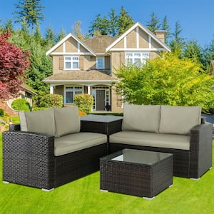 Brown 4-Piece Wicker Outdoor Sectional Set with Khaki Cushions
