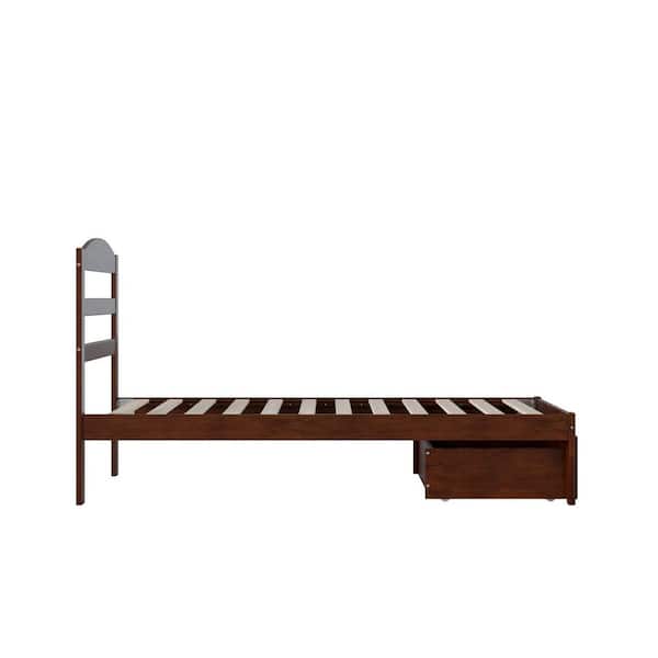 Warren 38-1/4 in. W Walnut Twin Solid Wood Frame with Foot Drawer and USB Device Charger Platform Bed