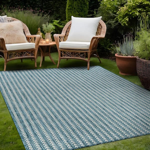 Arrow Aqua 8 ft. x 10 ft. Chevron Striped Washable Indoor Outdoor Area Rug