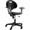 Side view of a black polyurethane task chair with arms.