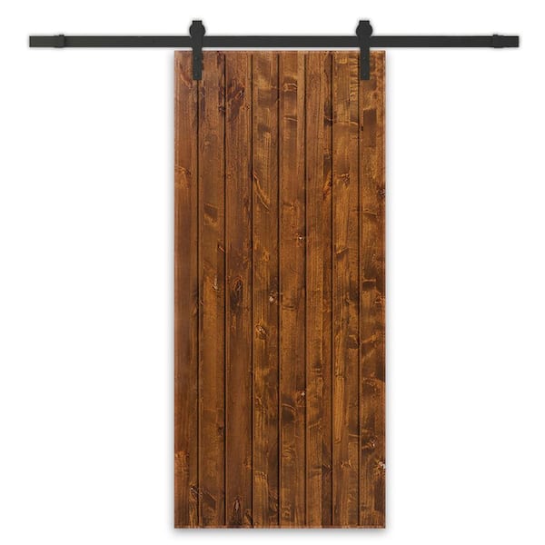 CALHOME 28 in. x 80 in. Walnut Stained Solid Wood Modern Interior Sliding Barn Door with Hardware Kit