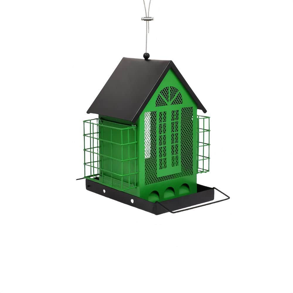 Green Metal Large Capacity Bird Feeder with Double Layer Suet Cage for Wild