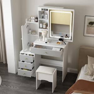 White Wood Dresser With LED Light Mirror Makeup Vanity Sets Dressing Table With Stool, 4-Drawers and Storage Shelves