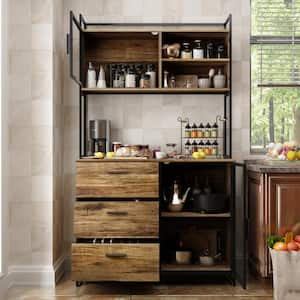 Brown Wood 39.4 in. W Sideboard Kitchen Buffet Pantry Cabinet For Dining Room with Metal Mesh Doors, 3-Drawers, Shelves