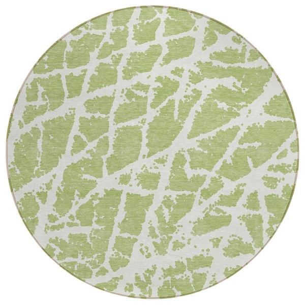 Green and White 8 ft. Round Abstract Indoor / Outdoor Area Rug