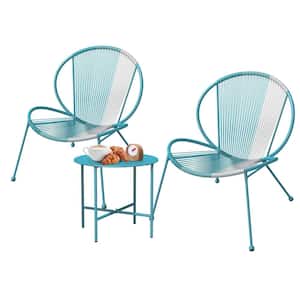 Lake Blue 3-Piece Metal Outdoor Bistro Acapulco Chair Set with PE Wicker Rope, Coffee Table and 2 Patio Chairs