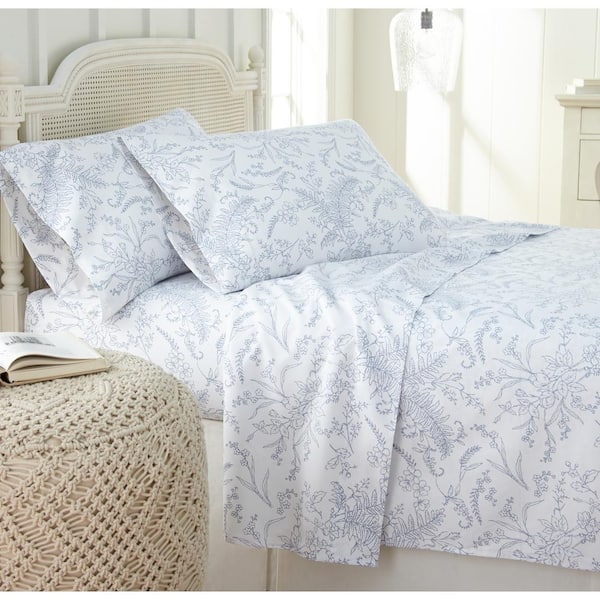 Southshore Fine Linens Winter Brush 4-Piece Blue Botanical on White Microfiber Queen Deep Pocket Sheet Set