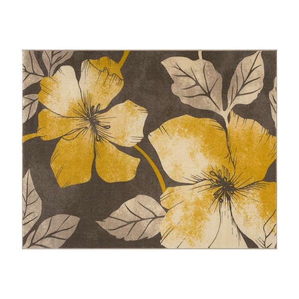 Beverly Rug Bahamas Floral Leaf Yellow Brown 2 ft. x 3 ft. Non-Slip Rubber Back Indoor Area Rug