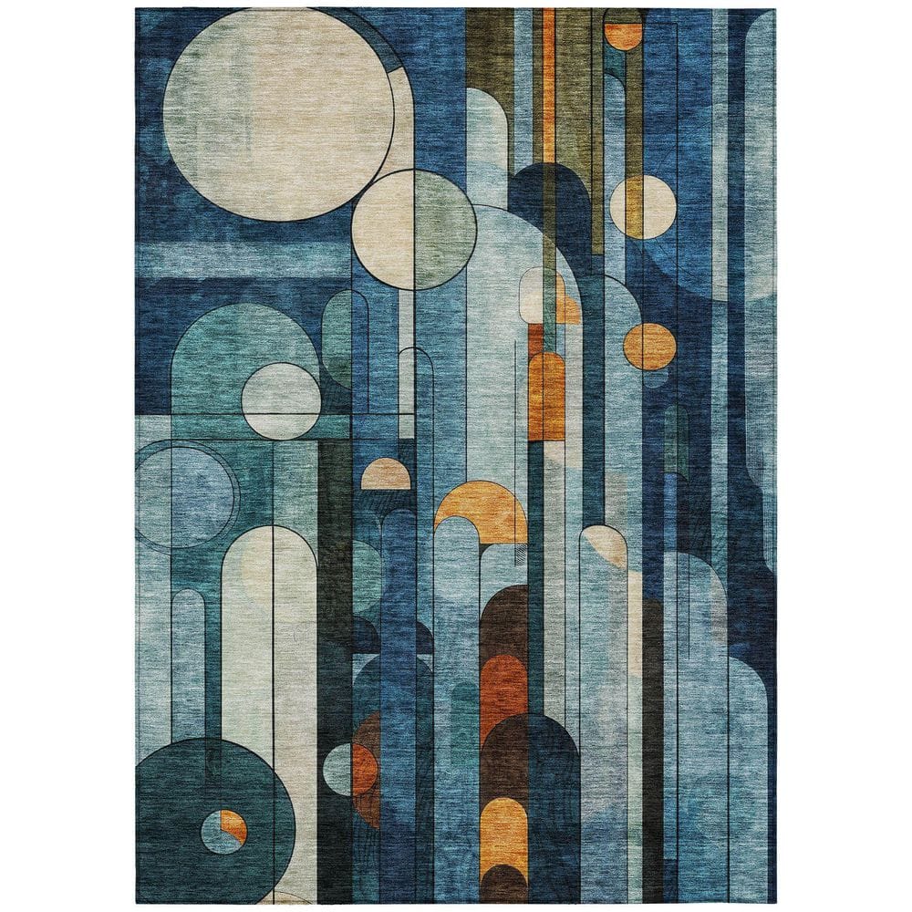 Blue Geometric Synthetic Washable Rectangular Area Rug