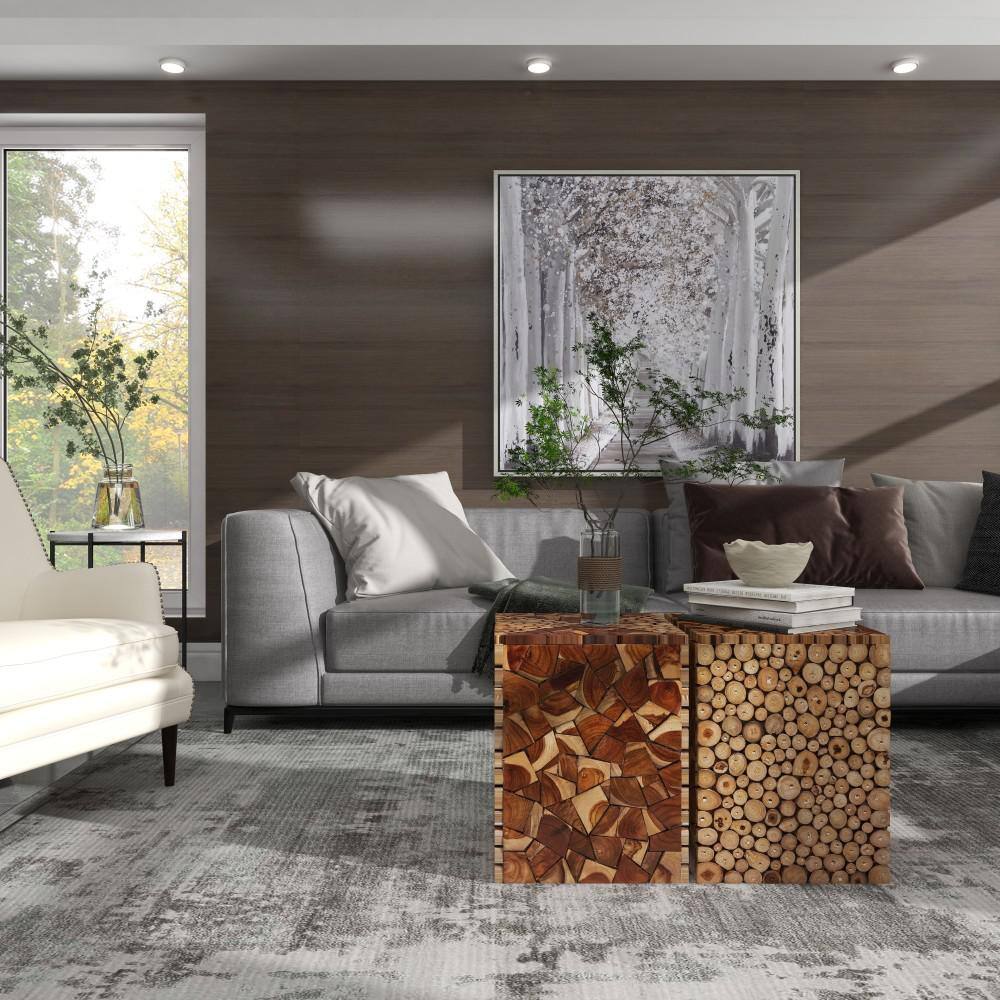 Handcrafted 14" Brown Teak Wood Mosaic Accent Table
