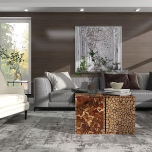 14 in. Brown Handmade Medium Rectangle Wood End Table with Mosaic Wood Chip Design