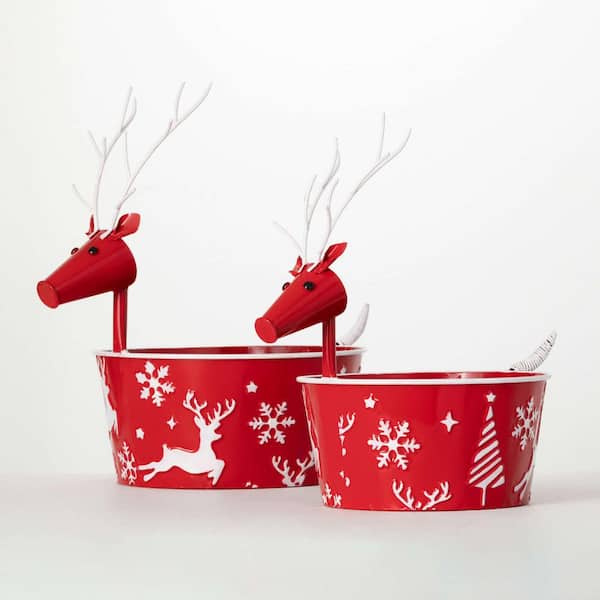 SULLIVANS 15.5 in. and 18 in. Embellished Red Reindeer Christmas Pots Set of 2, Red and White