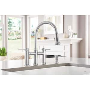 EMPRESSA Double Handle Gooseneck Bridge Kitchen Faucet with Pull-Down Sprayer in Stainless Steel