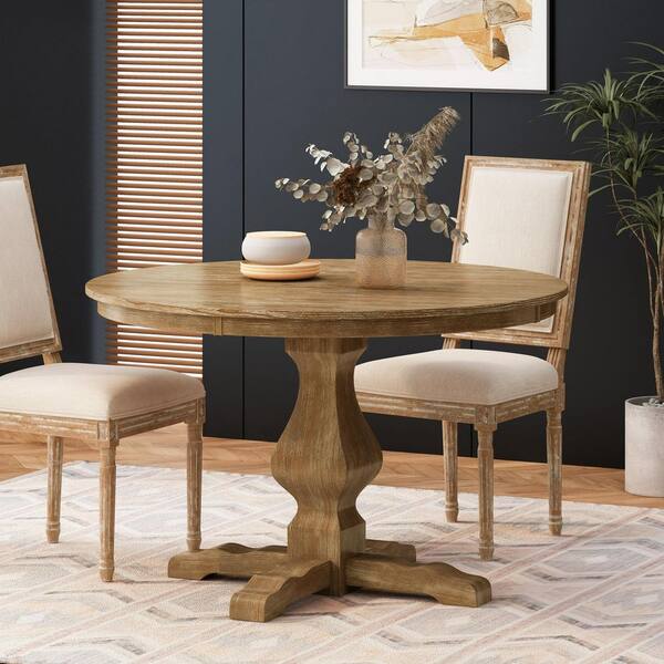 Farmhouse Style Round Natural Wood 46.25 in. Pedestal Base Dining Table Seats-4