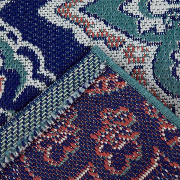 7' x 9' Blue and Orange Moroccan Indoor Outdoor Area Rug 7' x 9' Blue and Orange Moroccan Indoor Outdoor Area Rug