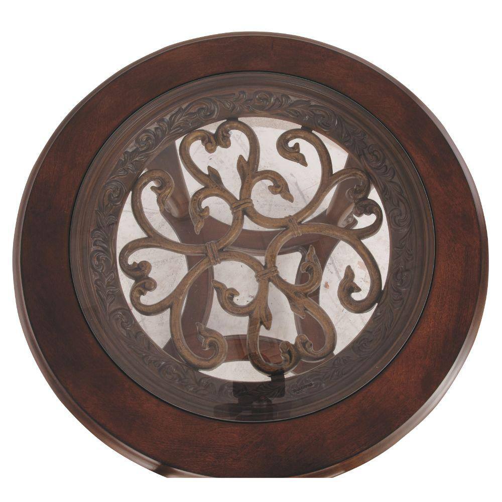 Elegant Round Wood & Glass End Table with Carved Acanthus Accents, Dark Brown
