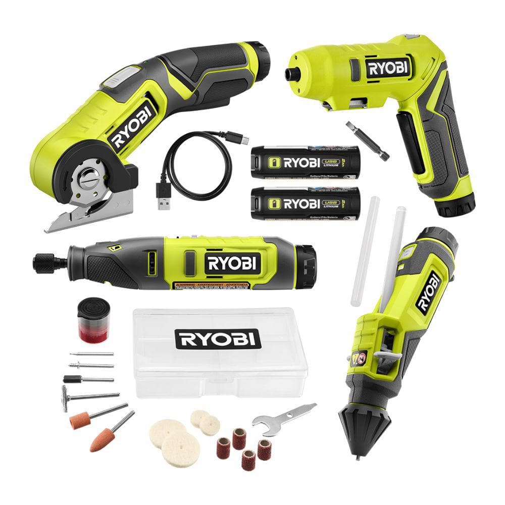 RYOBI USB Lithium 4-Tool Combo Kit with Screwdriver, Glue Pen, Rotary Tool, Power Cutter, (2) Batteries, and Charger FVK102K2