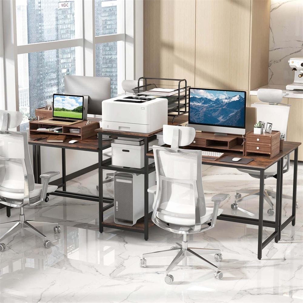 Costway 97 in. Rectangle Brown Wood 2-Person Desk Double Costway 97 in. Rectangle Brown Wood 2-Person Desk Double