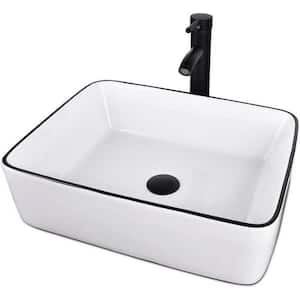 White Ceramic Rectangle Bathroom Vessel Sink with Basket Strainer and Black Edge