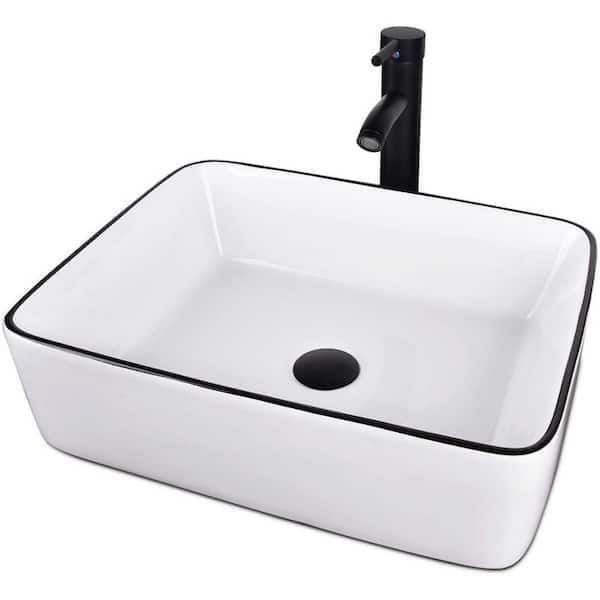 Unbranded White Ceramic Rectangle Bathroom Vessel Sink with Basket Strainer and Black Edge