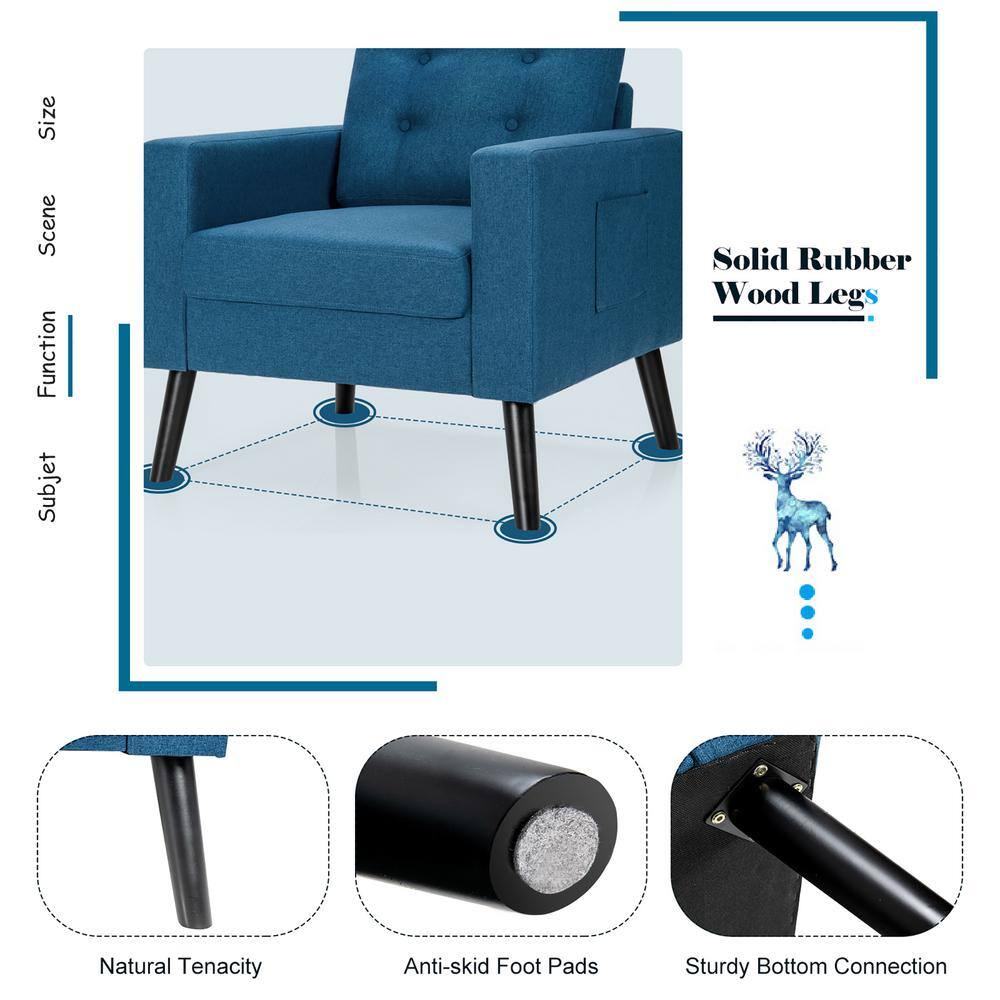 Navy Blue Fabric Upholstered Armchair with Side Pockets