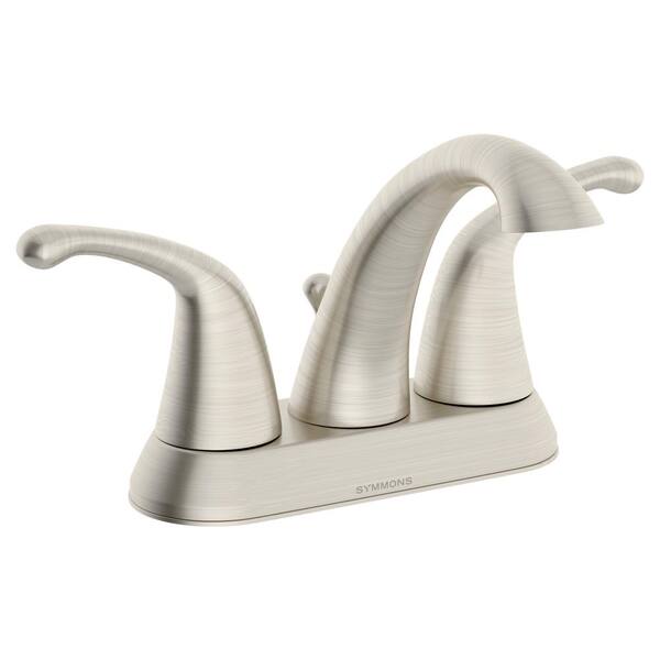 Symmons Unity 4 in. Centerset 2-Handle Mid-Arc Bathroom Faucet with Drain Assembly in Satin Nickel