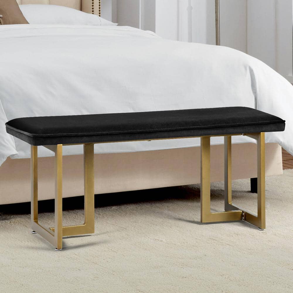 Homy Casa Slip Black Fabric Gold Legs Bench 18.5 in. H x 44.5 in. W x ...