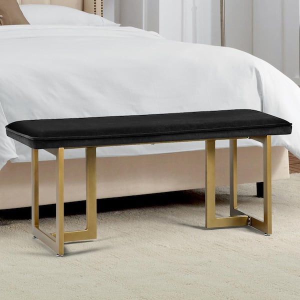 Homy Casa Slip Black Fabric Gold Legs Bench 18.5 in. H x 44.5 in. W x 15 in. D