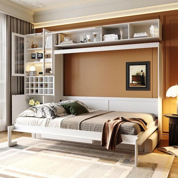Uriah White Wood Frame Queen Size Murphy Bed Wall Bed with Sofa, Light, Cabinets, Shelves, USB Charging