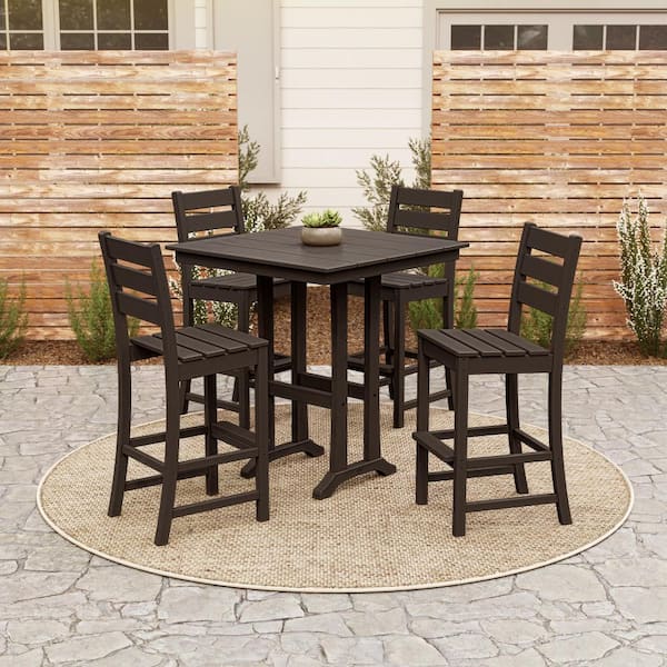Grant Park Black 5-Piece HDPE Plastic Side Chair Farmhouse Trestle Bar Set