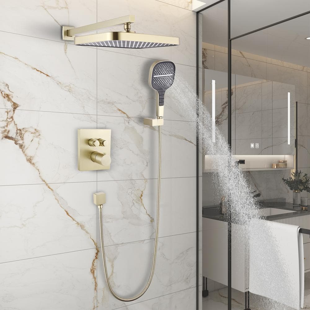 Brushed Gold Dual Square Rainfall Shower System with Handheld