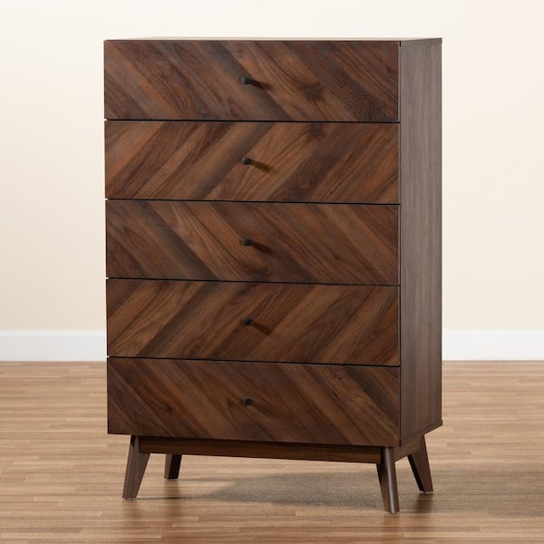 Baxton Studio Hartman 5 Drawer Walnut Brown Chest of Drawers 48