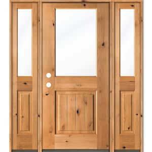 60 in. x 80 in. Rustic Knotty Alder Wood Clear Half-Lite Clear Stain w.VG Right Hand Single Prehung Front Door/Sidelites