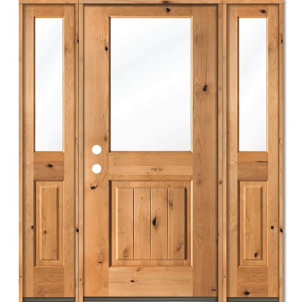 Krosswood Doors 64 in. x 80 in. Rustic Knotty Alder Wood Clear Half-Lite Clear Stain w.VG Right Hand Single Prehung Front Door/Sidelites