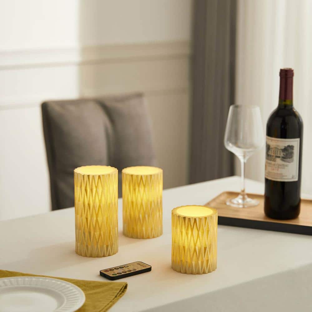 Gold Glam Carved Diamond LED Unscented Candles (Set of 3)