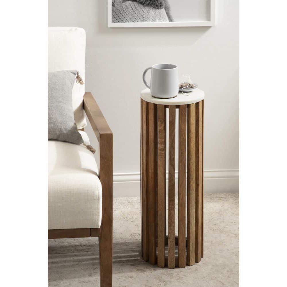 Elegant Round Marble and Mango Wood Drink Table, 12" Diameter
