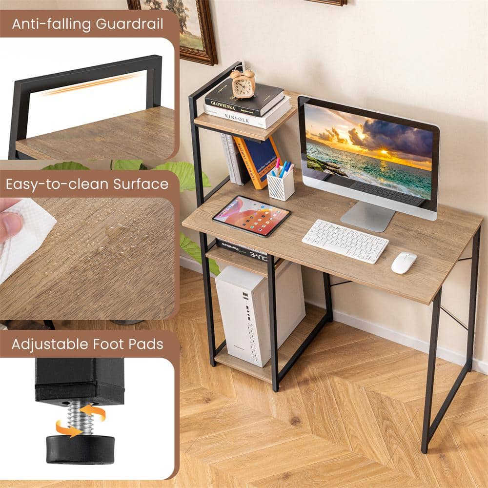 Natural Wood and Metal 4-Tier Computer Desk with Shelves