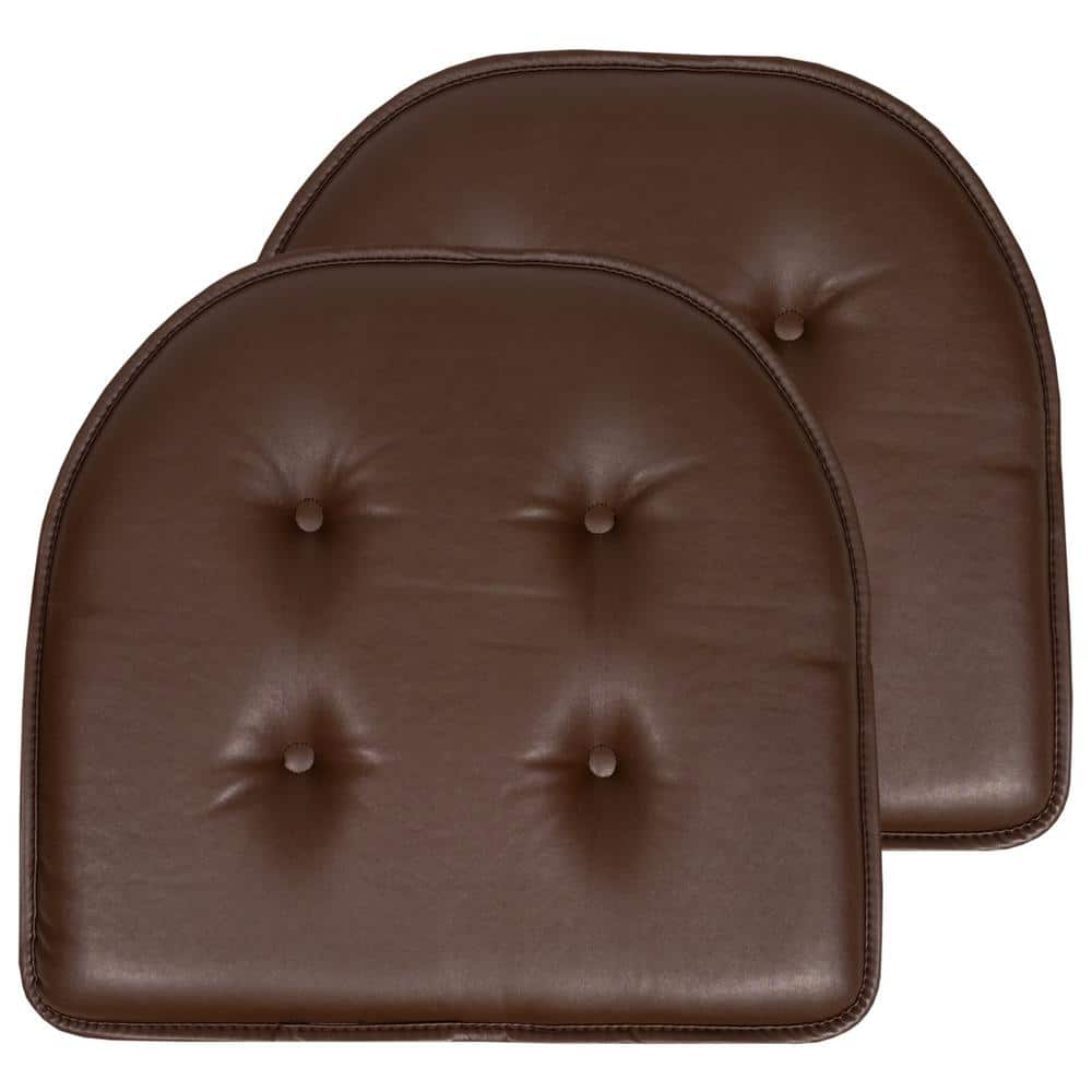 Sweet Home Collection Faux Leather Memory Foam Tufted U-Shape 16 in. x 17 in. Non-Slip Indoor/Outdoor Chair Seat Cushion (2-Pack), Brown