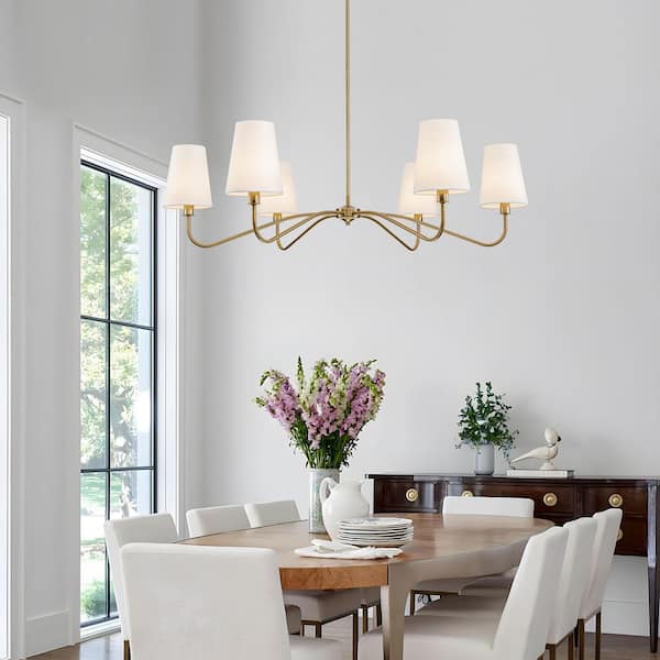 TinHon Modern Gold 6-Light Chandelier with White Fabric Shades