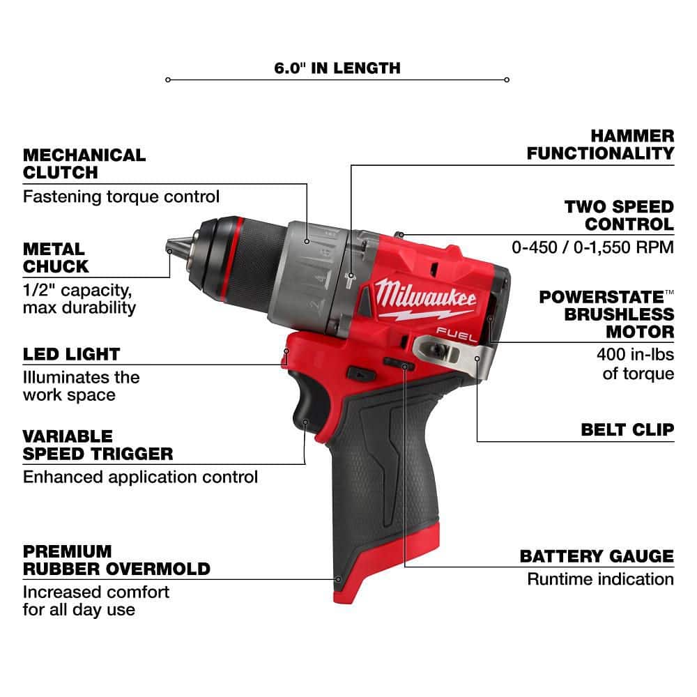 Milwaukee M12 FUEL 12V Lithium Ion Brushless Cordless 1/2 in. Hammer Drill Tool Only - Image 3