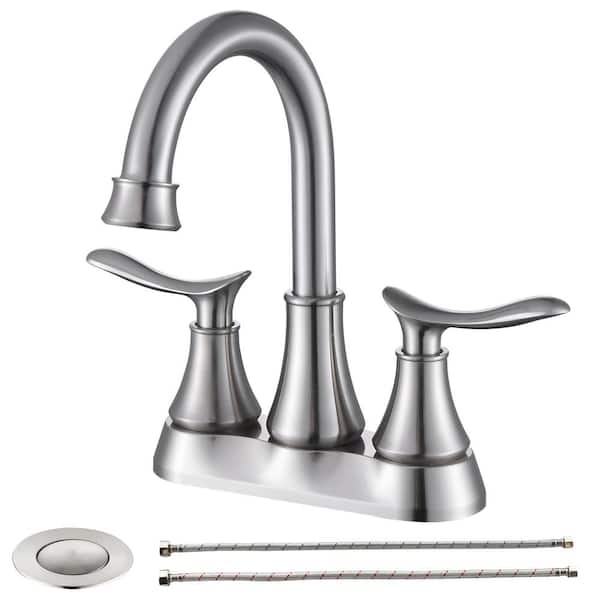 PERLIRIA INC 4 in. Centerset Double Handle Bathroom Faucet for Sink 3 Holes with Pop-up Drain Kit Included in Brushed Nickel