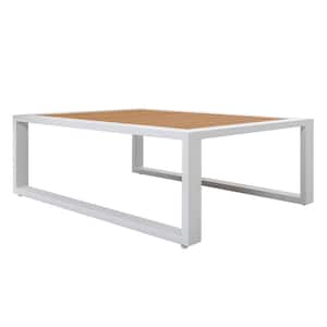 40 in. x 15 in. White Rectangle Powder-Coated Aluminum Outdoor Coffee Table with Slatted Imitation Wood Tabletop