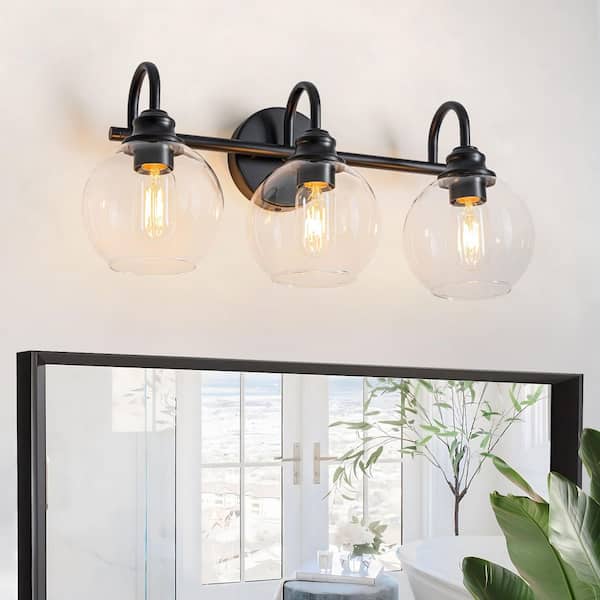 20.08 in. 3-Lights Black Modern Industrial Globe Glass Bathroom Vanity Light